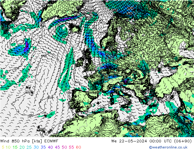 Wind 850 hPa ECMWF Mi 22.05.2024 00 UTC