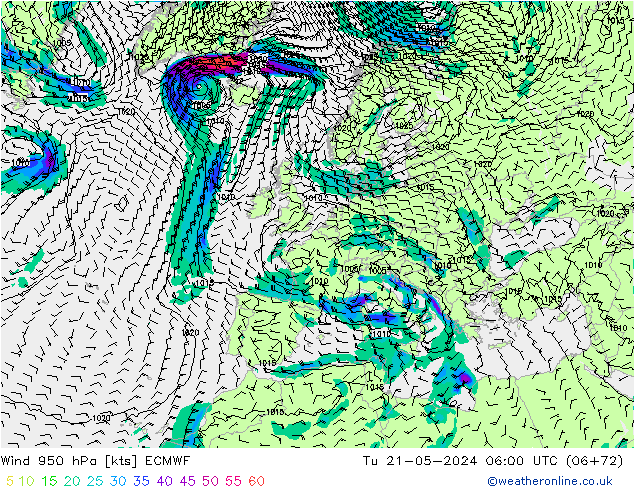 Wind 950 hPa ECMWF di 21.05.2024 06 UTC