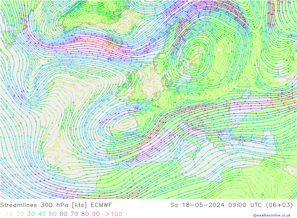 Streamlines 300 hPa ECMWF Sa 18.05.2024 09 UTC