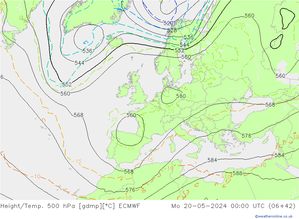 Z500/Rain (+SLP)/Z850 ECMWF Mo 20.05.2024 00 UTC