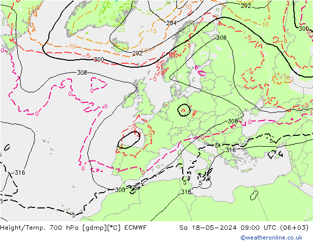 Height/Temp. 700 гПа ECMWF сб 18.05.2024 09 UTC