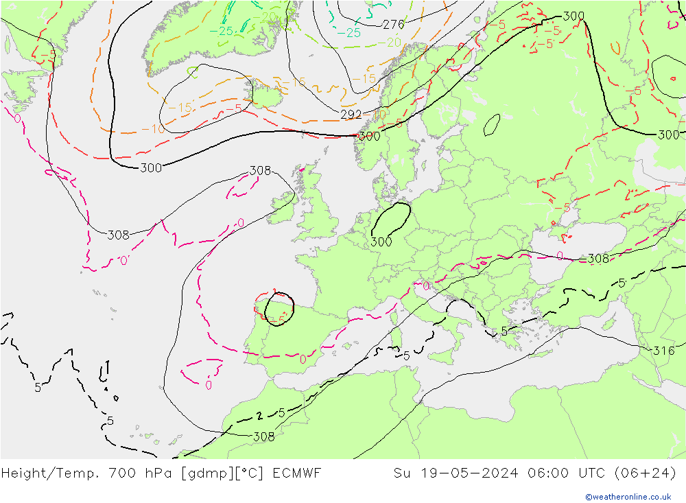 Height/Temp. 700 hPa ECMWF So 19.05.2024 06 UTC