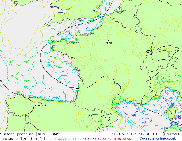 Eşrüzgar Hızları (km/sa) ECMWF Sa 21.05.2024 00 UTC