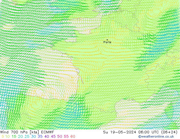 Wind 700 hPa ECMWF Ne 19.05.2024 06 UTC