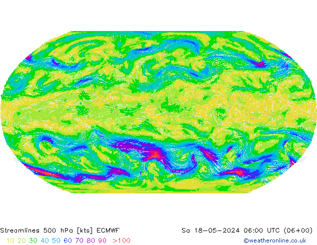 Linea di flusso 500 hPa ECMWF sab 18.05.2024 06 UTC