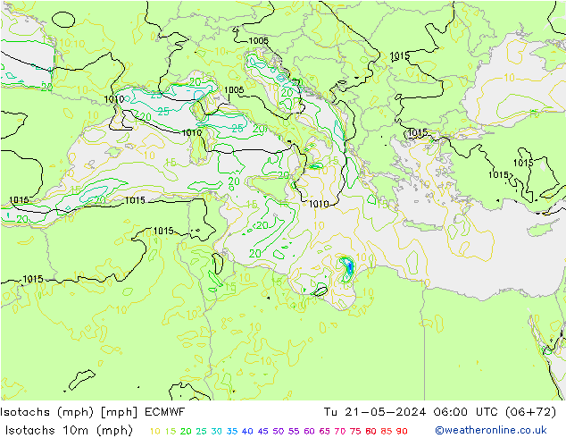 Isotachen (mph) ECMWF di 21.05.2024 06 UTC