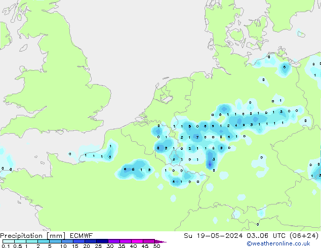Srážky ECMWF Ne 19.05.2024 06 UTC