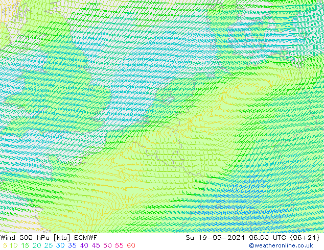 Wind 500 hPa ECMWF Su 19.05.2024 06 UTC