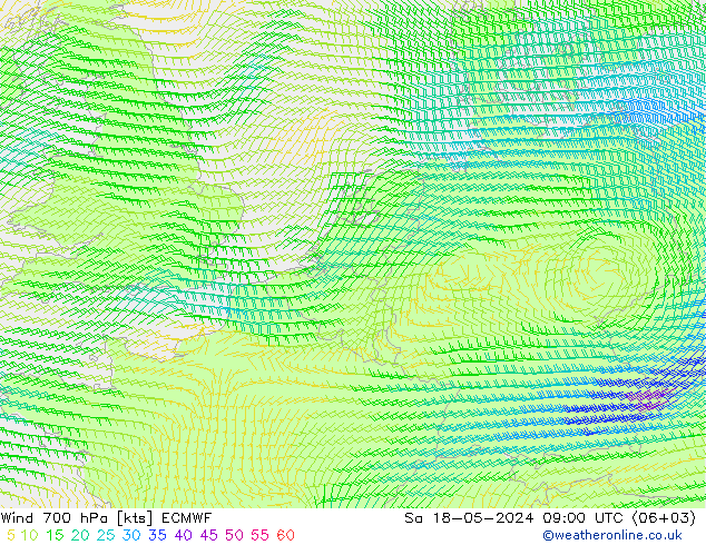 Wind 700 hPa ECMWF Sa 18.05.2024 09 UTC
