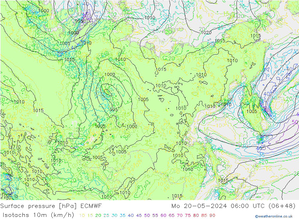 Isotachen (km/h) ECMWF ma 20.05.2024 06 UTC