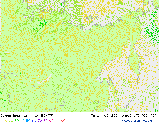 Stroomlijn 10m ECMWF di 21.05.2024 06 UTC