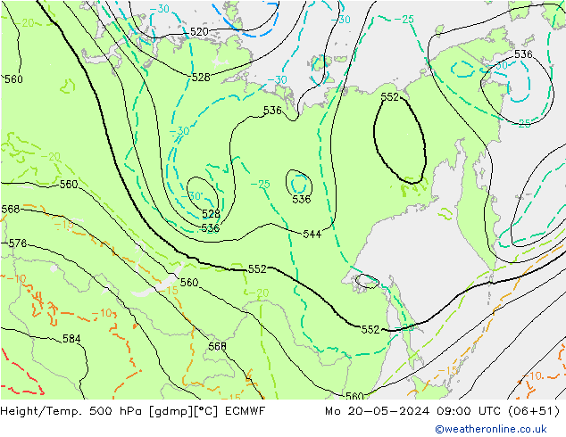 Hoogte/Temp. 500 hPa ECMWF ma 20.05.2024 09 UTC