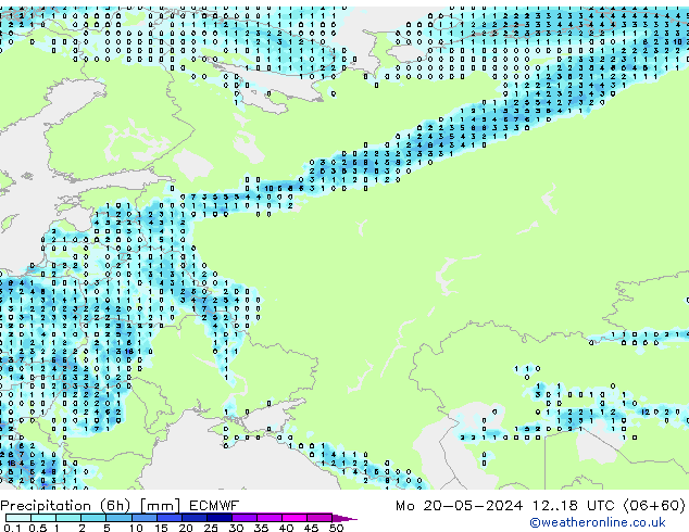 Totale neerslag (6h) ECMWF ma 20.05.2024 18 UTC