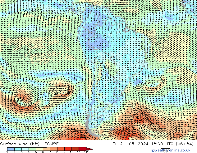Surface wind (bft) ECMWF Tu 21.05.2024 18 UTC