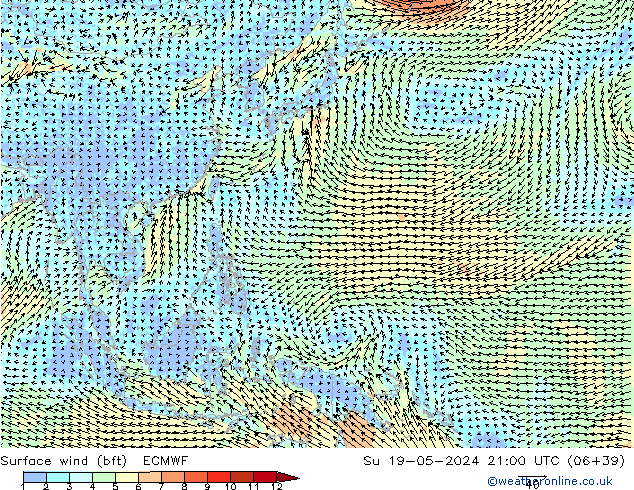 Surface wind (bft) ECMWF Su 19.05.2024 21 UTC