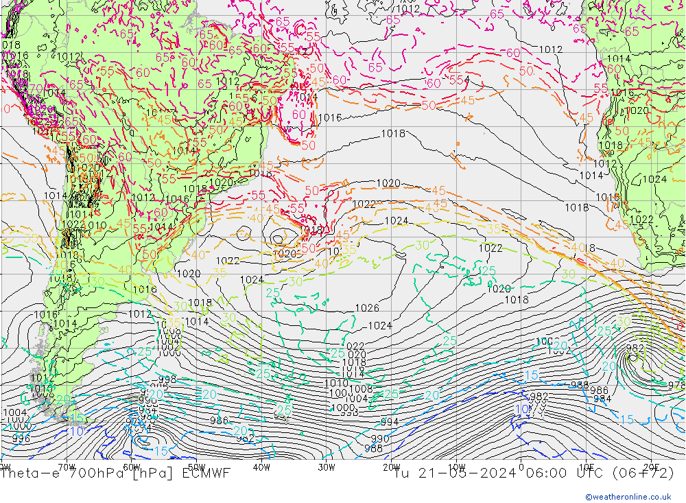 Theta-e 700hPa ECMWF di 21.05.2024 06 UTC