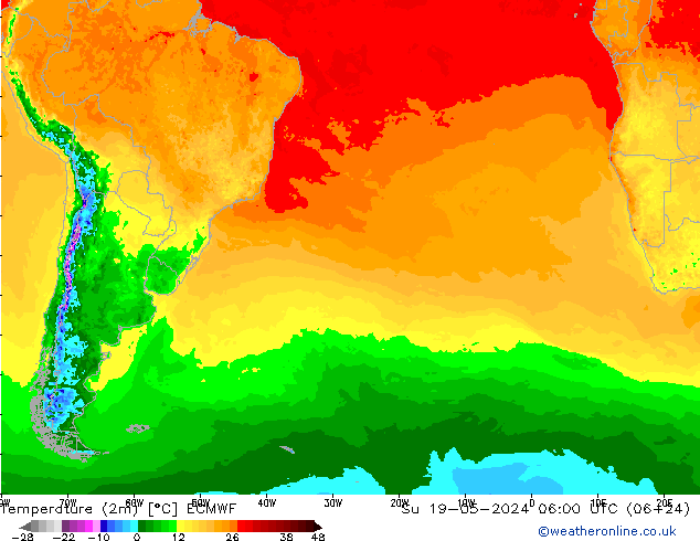 Temperatura (2m) ECMWF Dom 19.05.2024 06 UTC