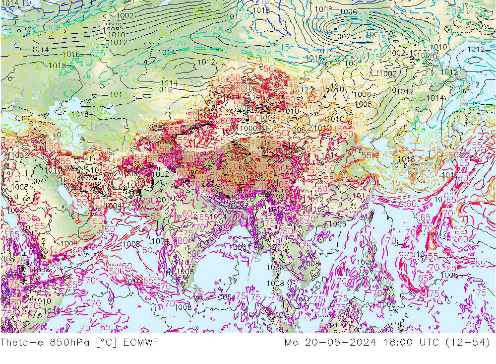 Theta-e 850hPa ECMWF Mo 20.05.2024 18 UTC
