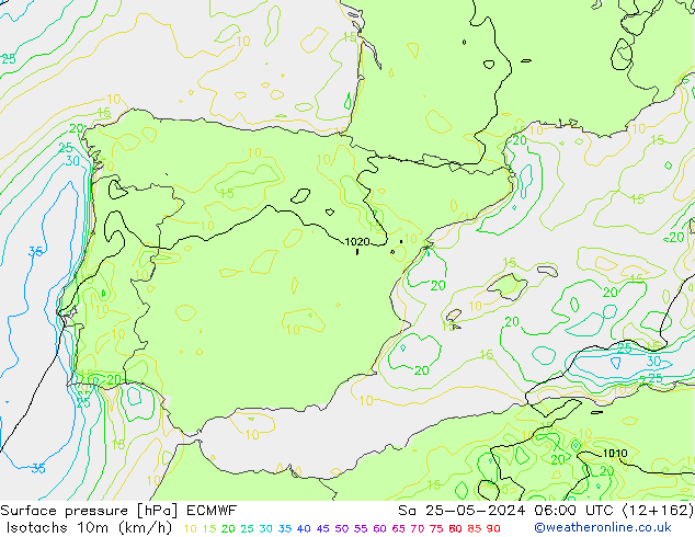 Isotachs (kph) ECMWF Sa 25.05.2024 06 UTC