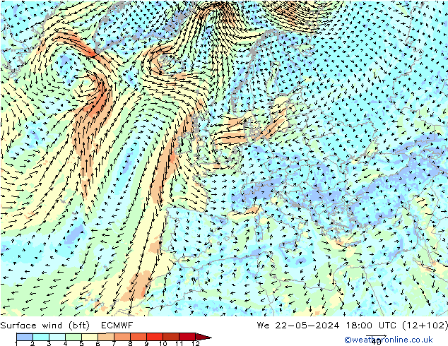 Rüzgar 10 m (bft) ECMWF Çar 22.05.2024 18 UTC