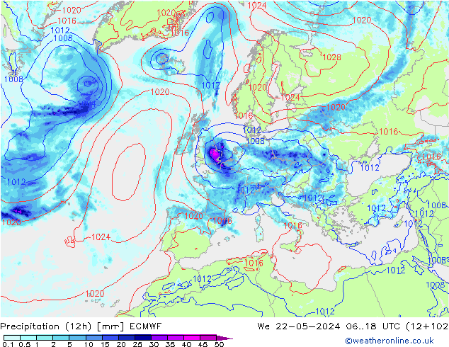 Precipitation (12h) ECMWF We 22.05.2024 18 UTC