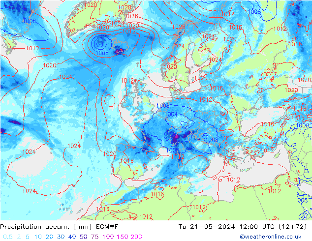 Precipitation accum. ECMWF mar 21.05.2024 12 UTC