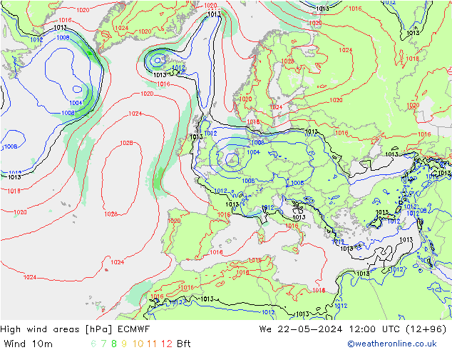 High wind areas ECMWF We 22.05.2024 12 UTC