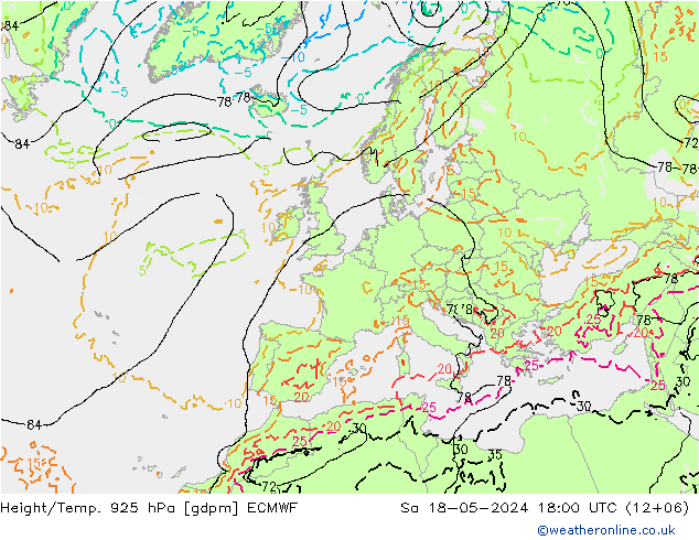 Yükseklik/Sıc. 925 hPa ECMWF Cts 18.05.2024 18 UTC