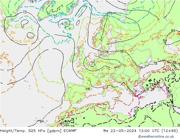 Height/Temp. 925 hPa ECMWF śro. 22.05.2024 12 UTC