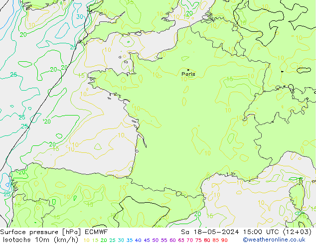 Izotacha (km/godz) ECMWF so. 18.05.2024 15 UTC