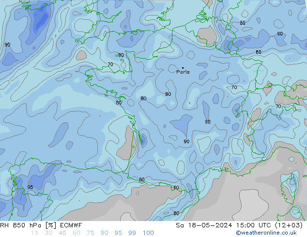 Humidité rel. 850 hPa ECMWF sam 18.05.2024 15 UTC