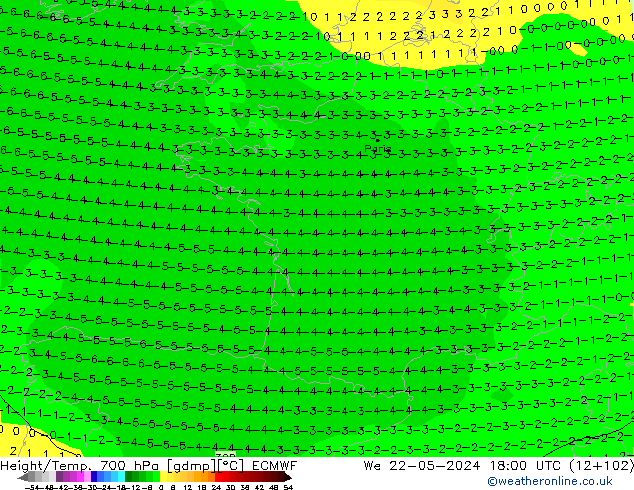 Hoogte/Temp. 700 hPa ECMWF wo 22.05.2024 18 UTC