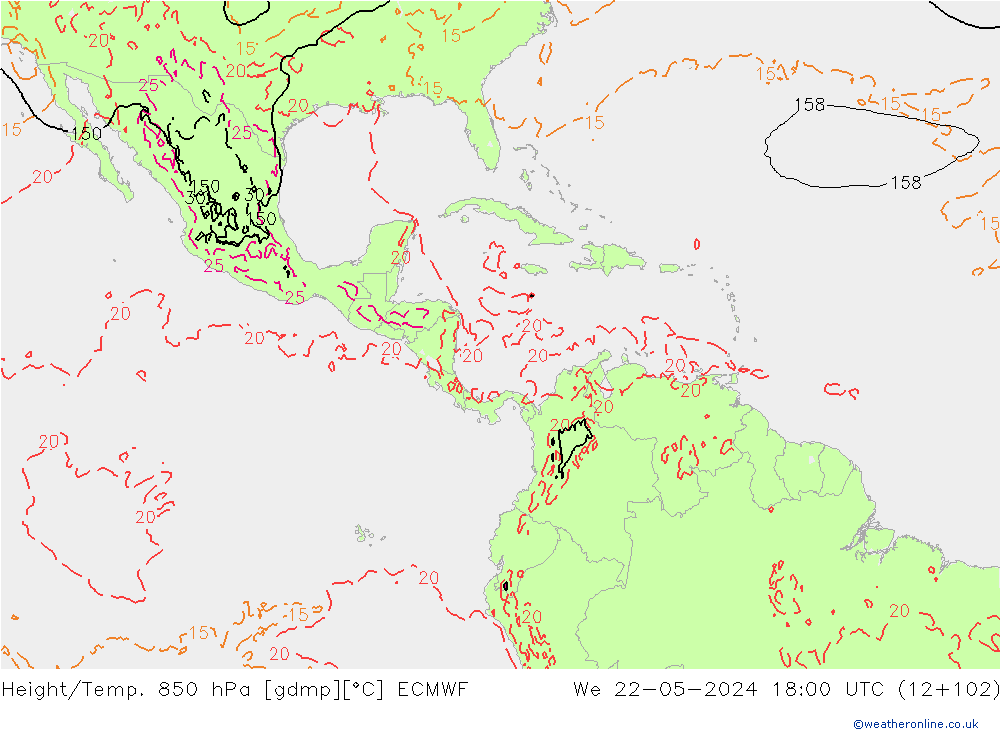 Height/Temp. 850 hPa ECMWF śro. 22.05.2024 18 UTC