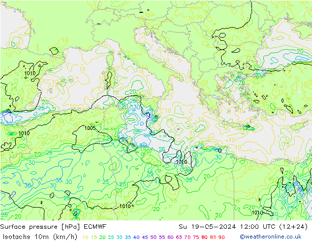 Izotacha (km/godz) ECMWF nie. 19.05.2024 12 UTC