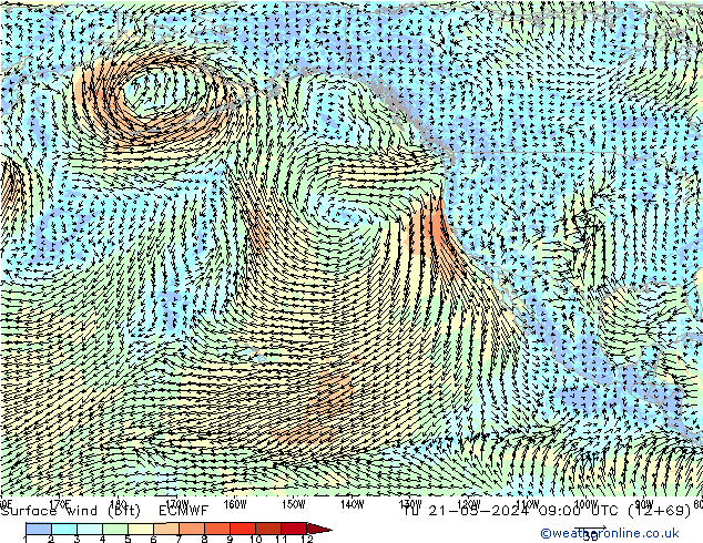 wiatr 10 m (bft) ECMWF wto. 21.05.2024 09 UTC