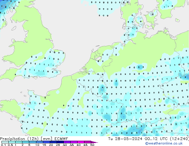 Precipitation (12h) ECMWF Út 28.05.2024 12 UTC