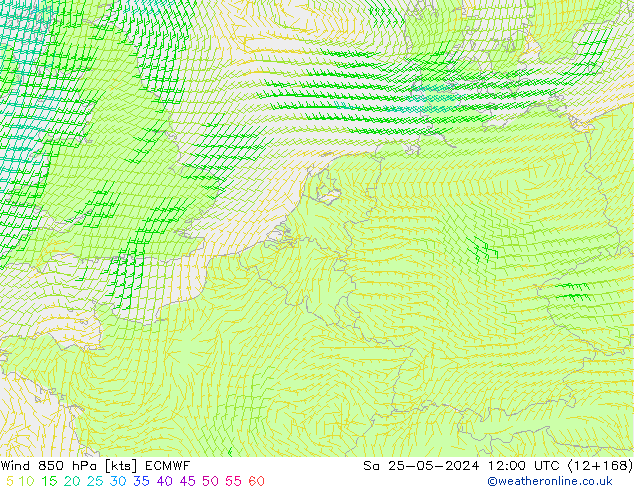 wiatr 850 hPa ECMWF so. 25.05.2024 12 UTC