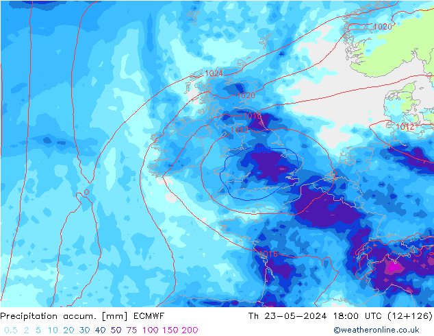Precipitation accum. ECMWF Qui 23.05.2024 18 UTC