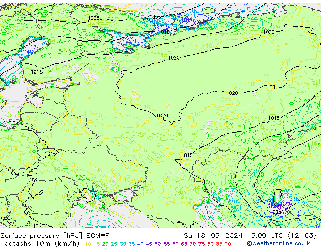 Isotachs (kph) ECMWF Sa 18.05.2024 15 UTC