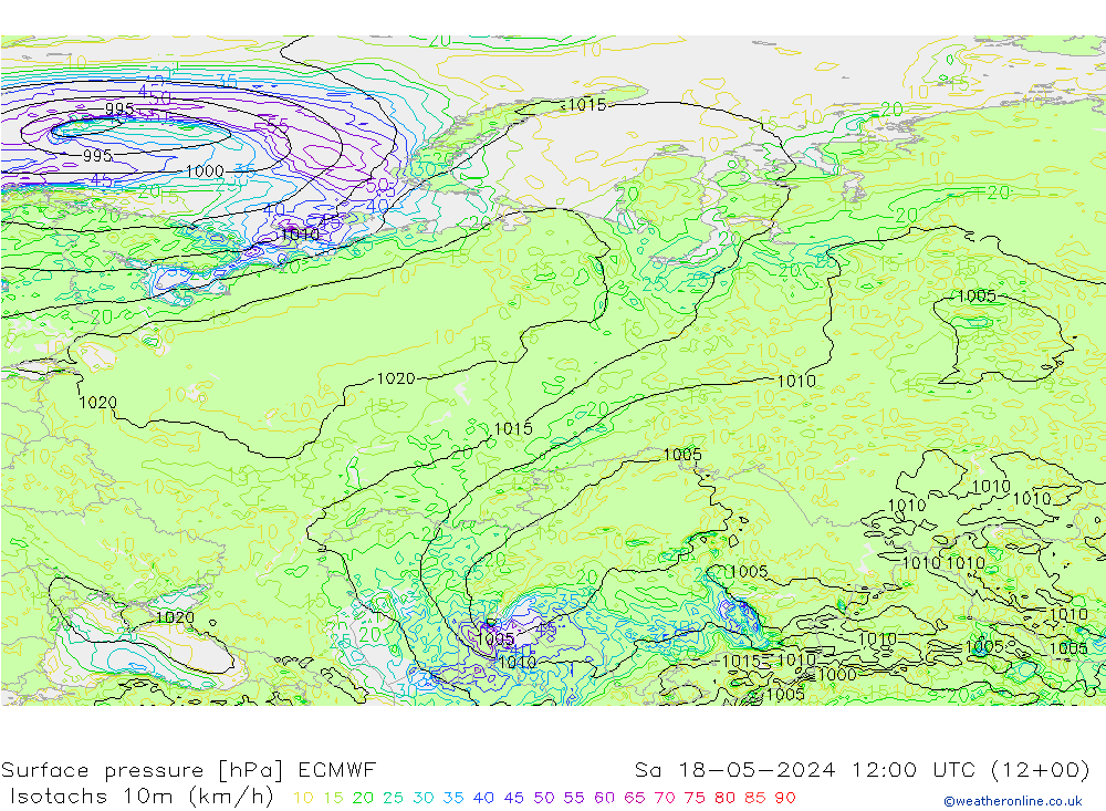 Eşrüzgar Hızları (km/sa) ECMWF Cts 18.05.2024 12 UTC