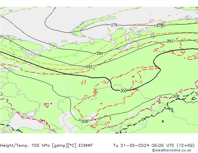 Height/Temp. 700 гПа ECMWF вт 21.05.2024 09 UTC