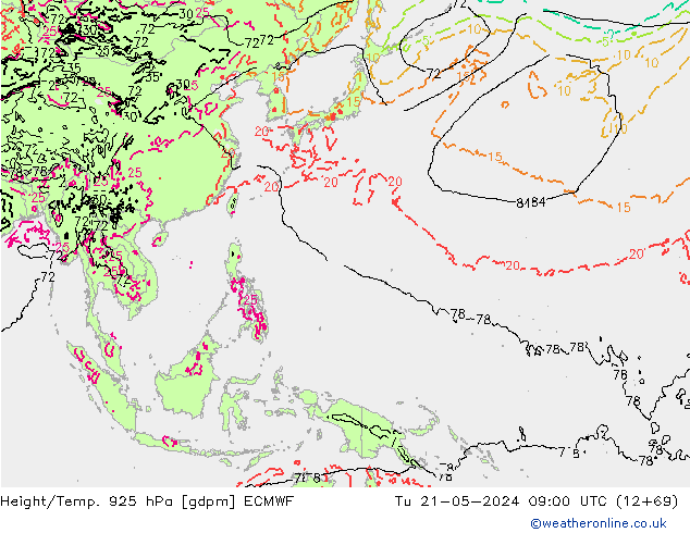 Height/Temp. 925 hPa ECMWF Út 21.05.2024 09 UTC