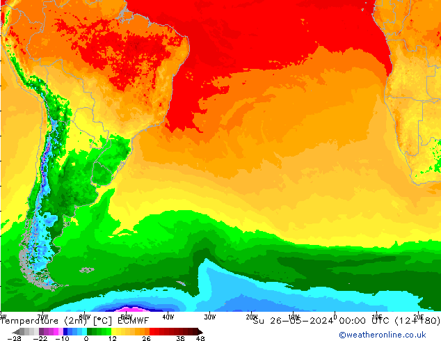 mapa temperatury (2m) ECMWF nie. 26.05.2024 00 UTC
