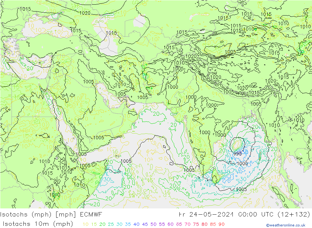 Isotachs (mph) ECMWF ven 24.05.2024 00 UTC