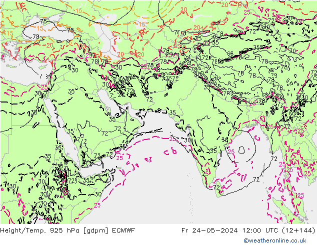 Hoogte/Temp. 925 hPa ECMWF vr 24.05.2024 12 UTC