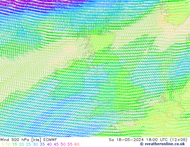 ветер 500 гПа ECMWF сб 18.05.2024 18 UTC