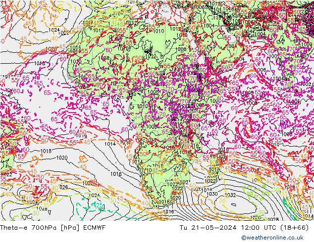 Theta-e 700hPa ECMWF di 21.05.2024 12 UTC