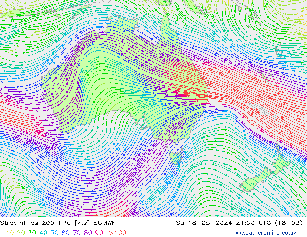 Linia prądu 200 hPa ECMWF so. 18.05.2024 21 UTC
