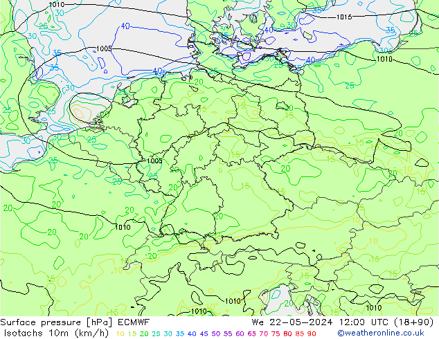 Isotachen (km/h) ECMWF Mi 22.05.2024 12 UTC