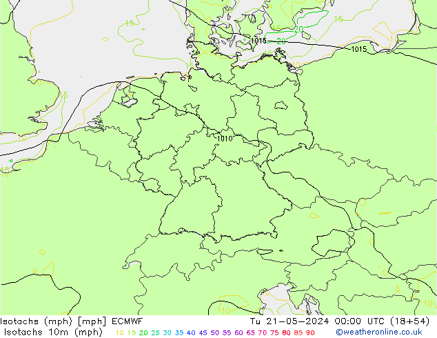 Isotachs (mph) ECMWF Tu 21.05.2024 00 UTC